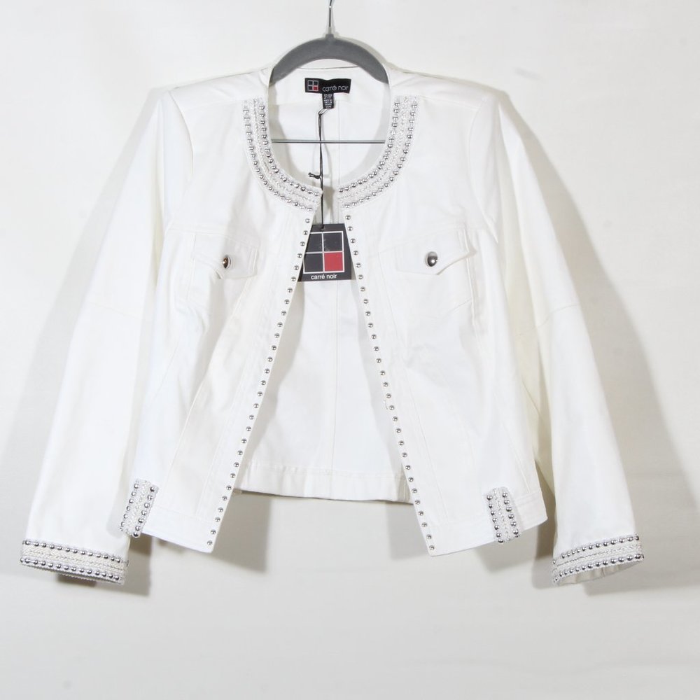 Carre Noir White Silver Beaded Open Faux Leather Moto Jacket